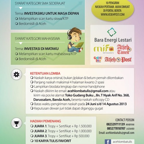Aceh Lomba Tulis Mengenai Investasi untuk usia SMA/sederajat dan Mahasiswa/sederajat.