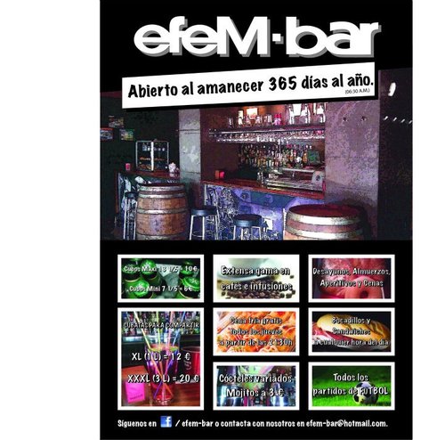 Este es tu bar para desayunar, cafe, copas, coctelería... cena fría todo los jueves. Paseo Duques de Lugo, esquina Caixa el Ranero. Murcia tlf reserv: 638044022