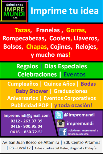 Estampados en Sublimación y Transfer en tus artículos y textiles de poliester y algodón. Imprime tus ideas en Tazas, Franelas, Gorras, Rompecabezas y muchos mas