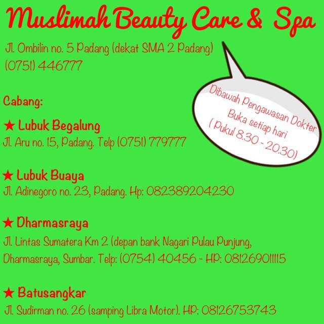 Salon khusus wanita | Perawatan wajah, tubuh dan rambut | Jl. Ombilin no. 5 Padang (dekat SMA N 2 Pdg) - (0751) 446777 | Mau tanya-tanya bisa mention kita :D