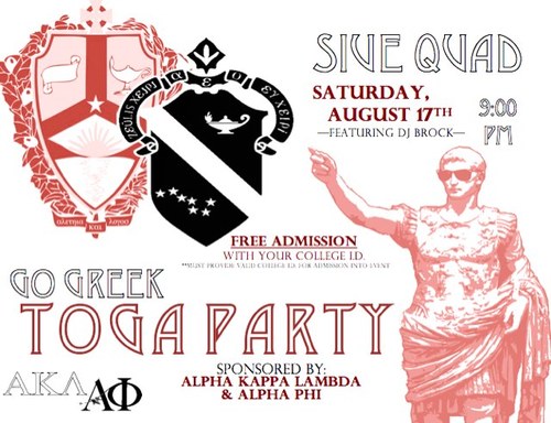 akl_aphi_toga's profile picture. August 17 @ 9PM!! 
SIUE quad.
 Go Greek Toga Party 
sponsored by Alpha Kappa Lambda Fraternity & Alpha Phi Sorority! #GOGREEK