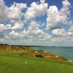 1 in the water, 2 out, 3 in the trap, 4 in the trap, 5 on, 3 putts....put me down for a bogey