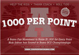 A 100-hr, Grassroots Bama Fan Movement to Raise $1,000 for every point Alabama has scored in BCS Championships. Aug 27 - 31. Donate now!