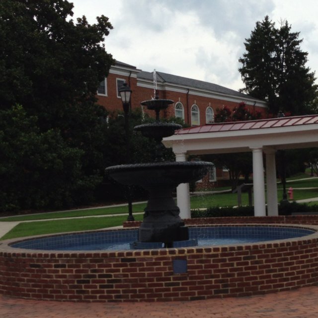 Longwood University icon. 

Part-time pool, bench, rock wall, landmark, and friend.