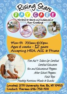 About Our Program:
*15 Years Experience
*Full / Part Time Care Available
*After School Program (P.S 15, P.S 91)
*Certified Educators/ACS/HRA
646-750-9110