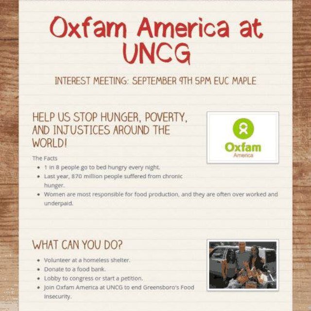 Oxfam America UNCG aims to end poverty, hunger, and injustices around the world. Follow us, check out the links, and of course join Oxfam America Club at UNCG!