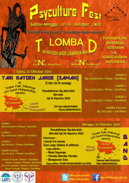 @bemfpsiuinjkt proudly presents: PSYCULTURE FEST| Ratoeh Jaroe & Band Competition| 12-13 Oct '13| CP: Jojo 085697798197 (saman)  & damas 085779221720 (band)