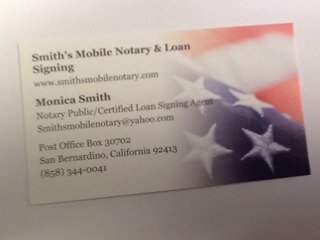 SmithsNotary's profile picture. Traveling Notary - Loan Signing Agent - Notary Public Educator/Mentor
Facebook: Smith's Mobile Notary & Loan Signing (858)344-0041 Since 2005