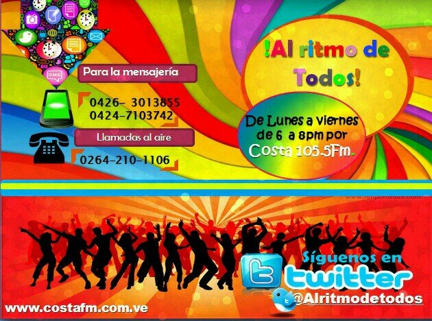 Programa de radio para complacer a todos los gustos, conducido por @AlvarezGirly @GuerereG y @FonsoGarcia de lunes a viernes de 6pm a 8pm por Costa 105.5Fm.