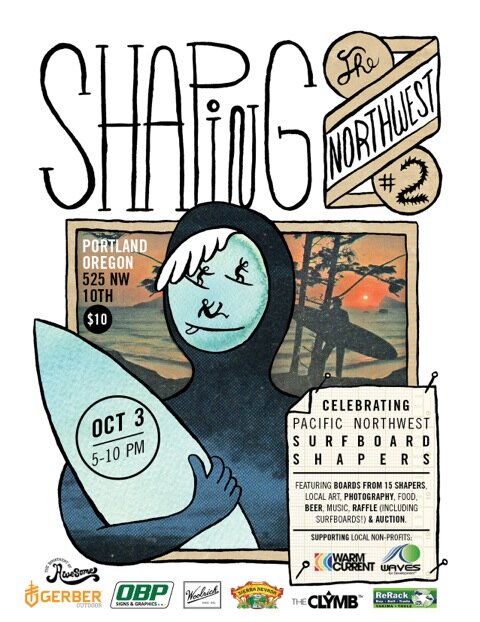 a celebration of NW surfboard shapers benefiting the surf non-profits Warm Current and WAVES for Development