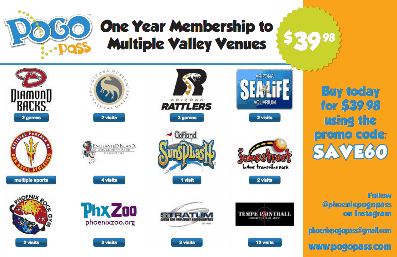 Get into 14+ Phoenix valley venues when you buy a Pogo Pass!  Currently 60% off when using discount code: TWITTER at http://t.co/J1z4JtrlEt