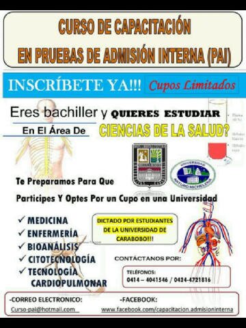 Curso de Formación y Capacitación en Pruebas de Admisión Internas (PAI) De 
 Ciencias de la Salud: Medicina, Bioanálisis, Enfermería, Tecnología Cardiopulmonar