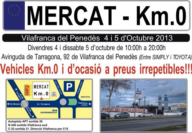 Aquest divendres 4 i dissabte 5 MERCAT Km-0 Av. Tarragona,92 de Vilafranca del Penedès, entre Fiat i Toyota. Vehicles Km0 i d'ocasió a preus irrepetibles !!!