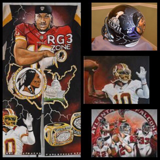 Kevin's work is centered around sports though he's also produced individual portraits, wall murals, and a collector's clothing line and even vehicle detailing.