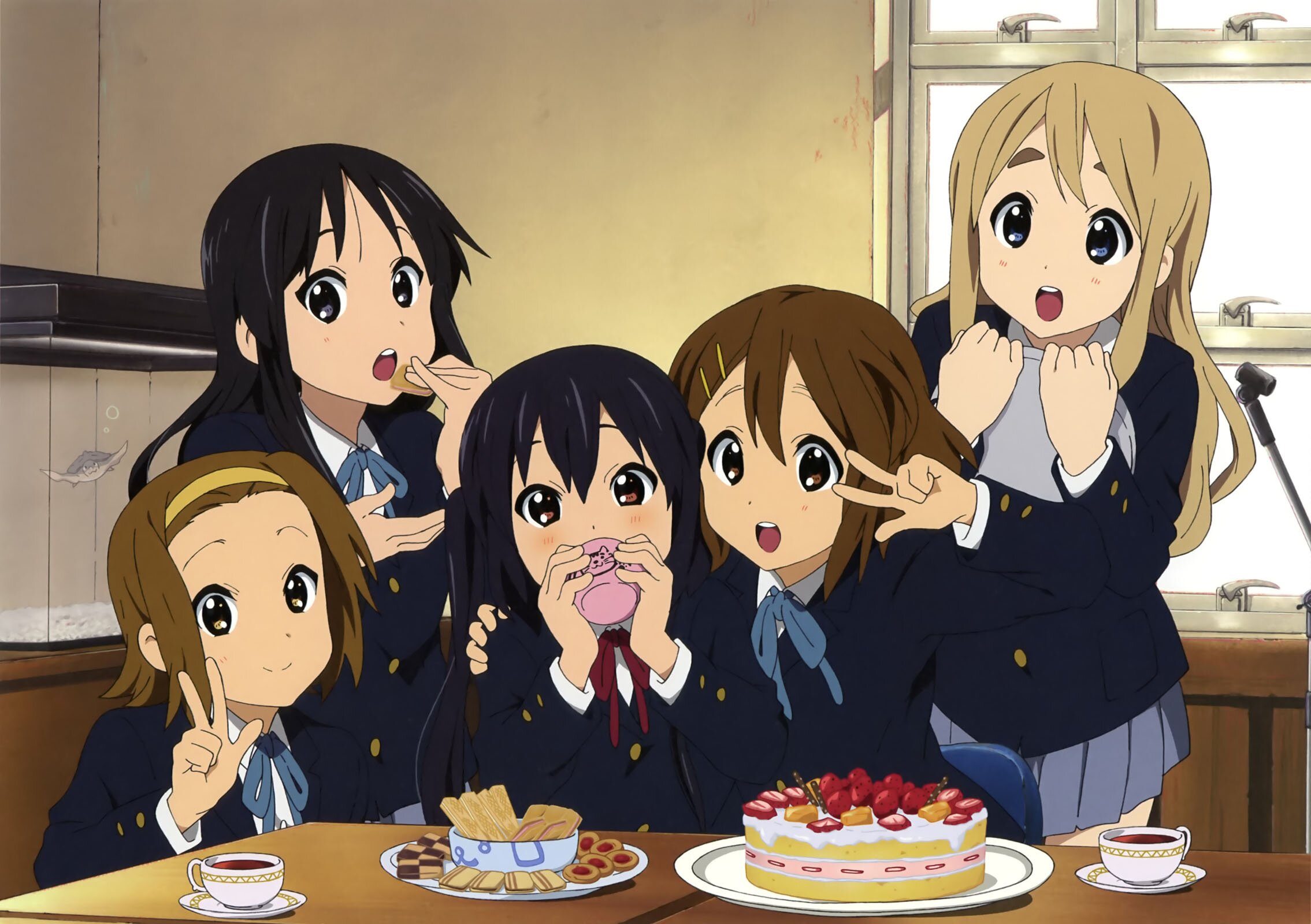 After School TeaTime Here!  AKA Ho-kago TeaTime. Band Members: Yui Hirasawa, Ui Hirasawa, Azusa Nakano, Jun Suzuki, Mio Akiyama, Mugi Kotobuki, & Ritsu Tainaka