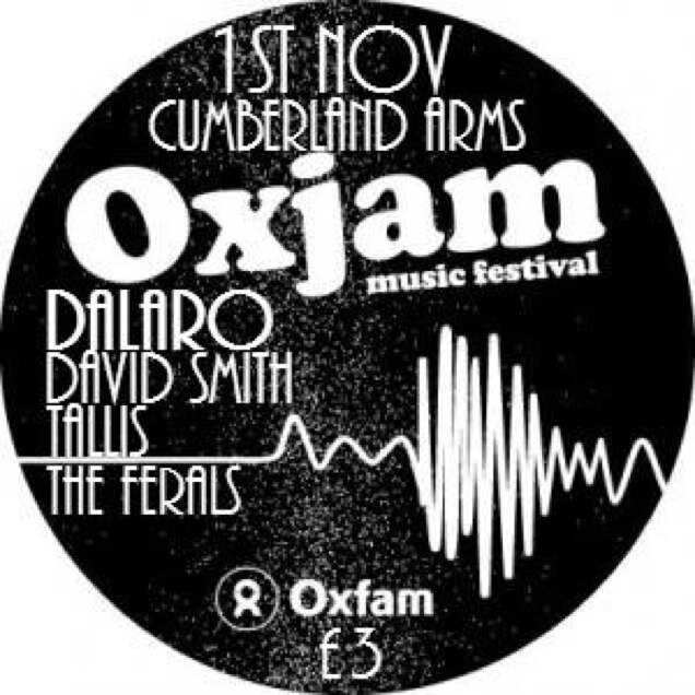 Raising money for Oxfam through live music events with original artists in the NE. NEXT GIG CUMBERLAND ARMS FRIDAY 1st NOV Tickets on door x