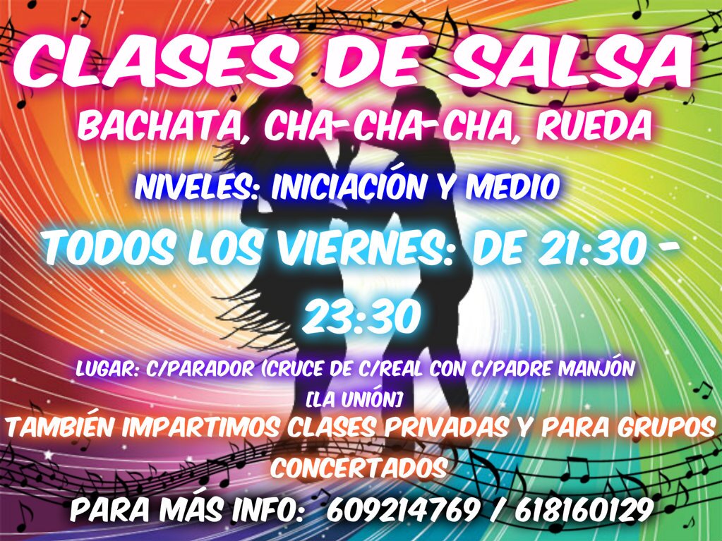 Clases de salsa  y bachata en La Unión y Cartagena.Los viernes en El Almacen de 22:00 a 24:00 La Union.Contacta con nosotros para mas información