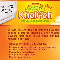 KhalifahDaycare's profile picture. Dikembangkan oleh @ipphoright, mereknya sangat familiar & teruji puluhan cabang. Total modal Rp100juta & tanpa royalti. Ingin bermitra? SMS 0818-0203-7981.