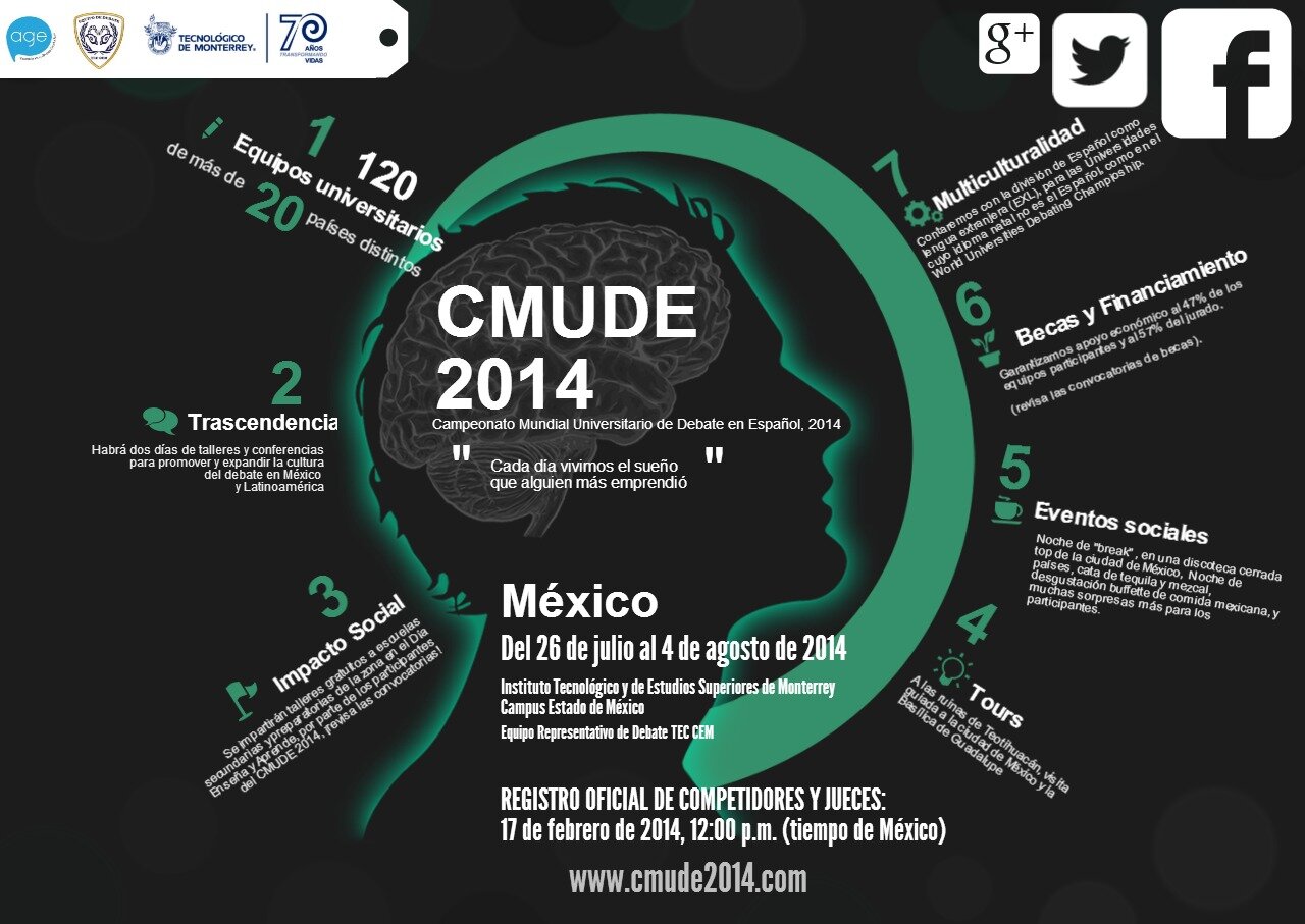 Campeonato Mundial Universitario de Debate en Español México 2014 (WUDC in Spanish): Cada día vivimos el sueño que alguien más emprendió.