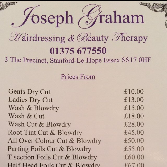 Call Joseph Graham Hairdressing & Beauty Therapy on 01375 677550 to book a appointment now! Great offers on our home use product range and sunbeds!