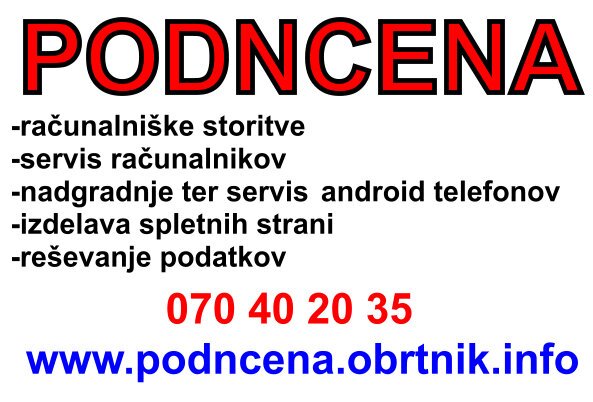 podncena's profile picture. Smo podjetje, ki se z računalništvom in njihovimi problemi,ukvarja ze 18 let.
Za vas rešimo vse podatke iz računalnikov, sd kartic, ter ostalih medijev.