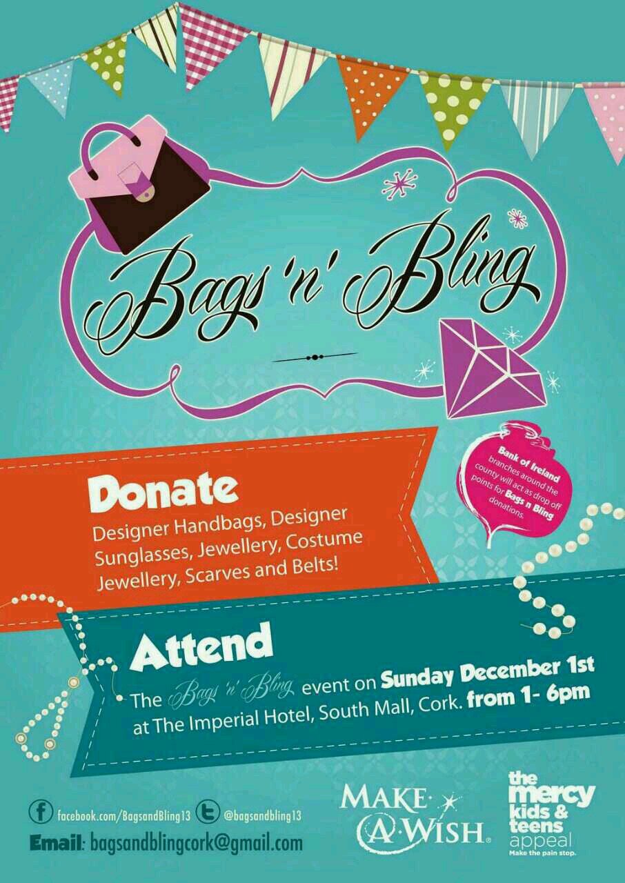 Bags and Bling is a joint fundraising event by @MakeAWish_ie and @mercyfoundcork being held in the Imperial Hotel, Cork on the 1st of December from 12 to 6pm.