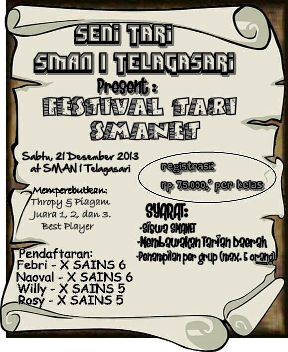 Seni Tari SMAN 1 Telagasari. Present: Festival Tari Smanet by @ShuffleOfSmanet. 19 Desember 2013 at @sman1tlgsr. CP: @ShuffleOfSmanet