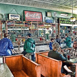 Authentic 1950s Soda Fountain and Sandwich Shoppe in historic 1882 Justus Pharmacy building