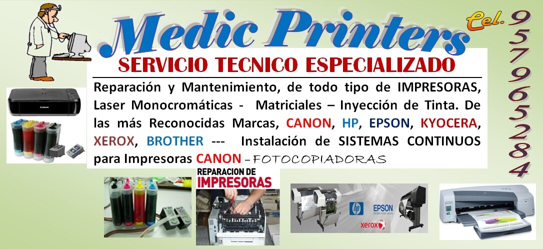 SERVICIO TECNICO ESPECIALIZADO
Reparación y Mantenimiento, de todo tipo de IMPRESORAS,  Laser Monocromáticas -  Matriciales – Inyección de Tinta.