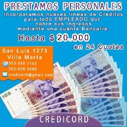 CrediCord1's profile picture. prestamos personales con o sin veraz cambio de valores en el día CREDIORD. 
VILLA MARÍA-SAN LUIS 1273
credicord@gmail.com tel: 3534279431-3535587152