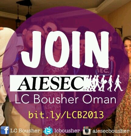 Hello! Welcome to the official twitter of AIESEC Bousher - Oman. Follow us and keep updated on our latest news!