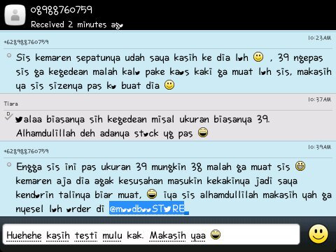 Akun testimonial @moodbooSTORE. Mau order tapi ragu? Baca dulu aja favorite kita. ;)
CP: 087764592010 (SMS ONLY) - 2A2C7B2A (BBM)