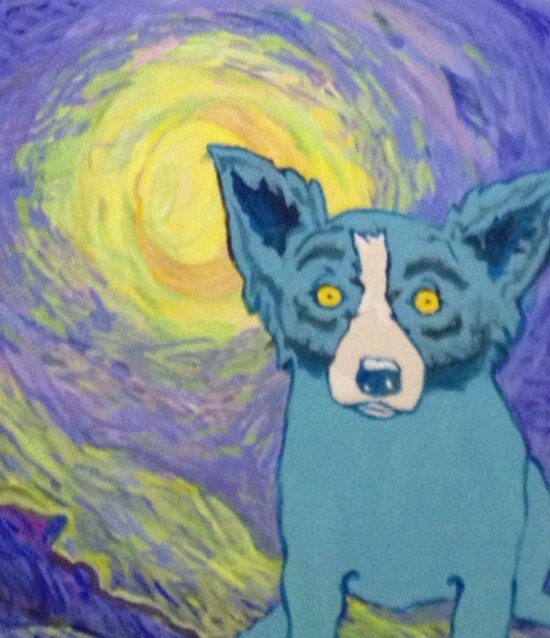 Julian's Blue Dog painting set atop a magnificent sky in Montepulciano.
