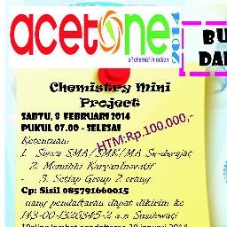 ACETONE Merupakan serangkaian kegiatan yang diselenggarakan oleh HIMAKI yang bertujuan untuk menumbuhkan dan meningkatkan daya kreatifitas siswa SMA maupun SMP.