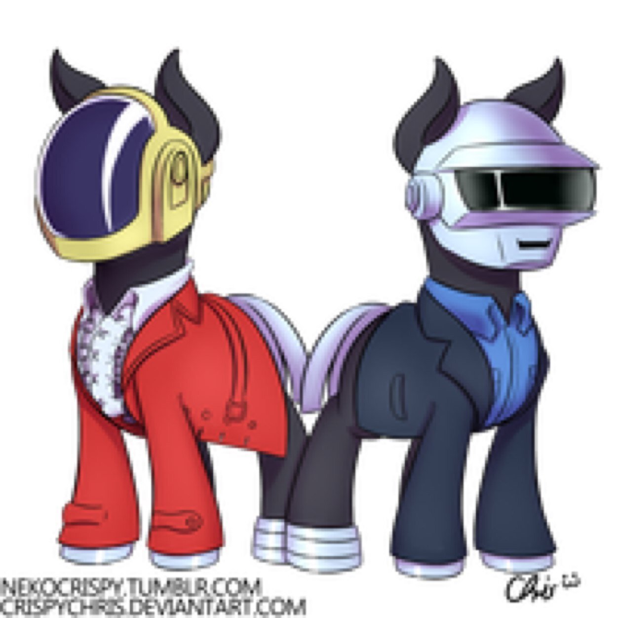 We're Daft Punk. We play electro and house. We're really shy also. Rule 1: Never take off the helmets!