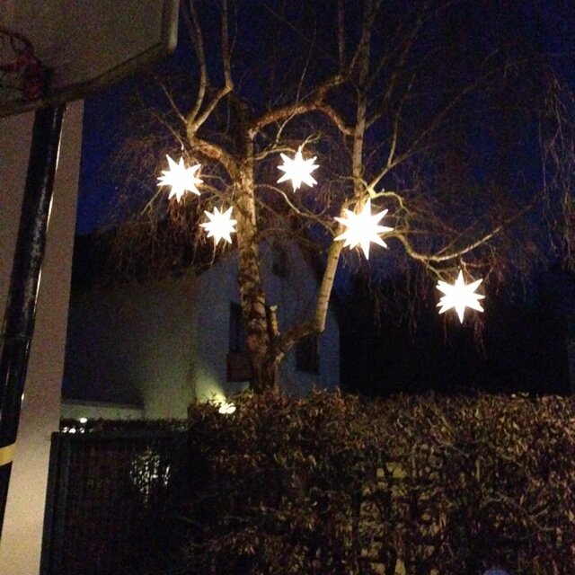 Ich bestehe aus 5 Weihnachtssternen bei @holadiho und @mamamarischen vor dem Haus. Ich flackere bei Mentions. https://t.co/eGqWcUqLg0