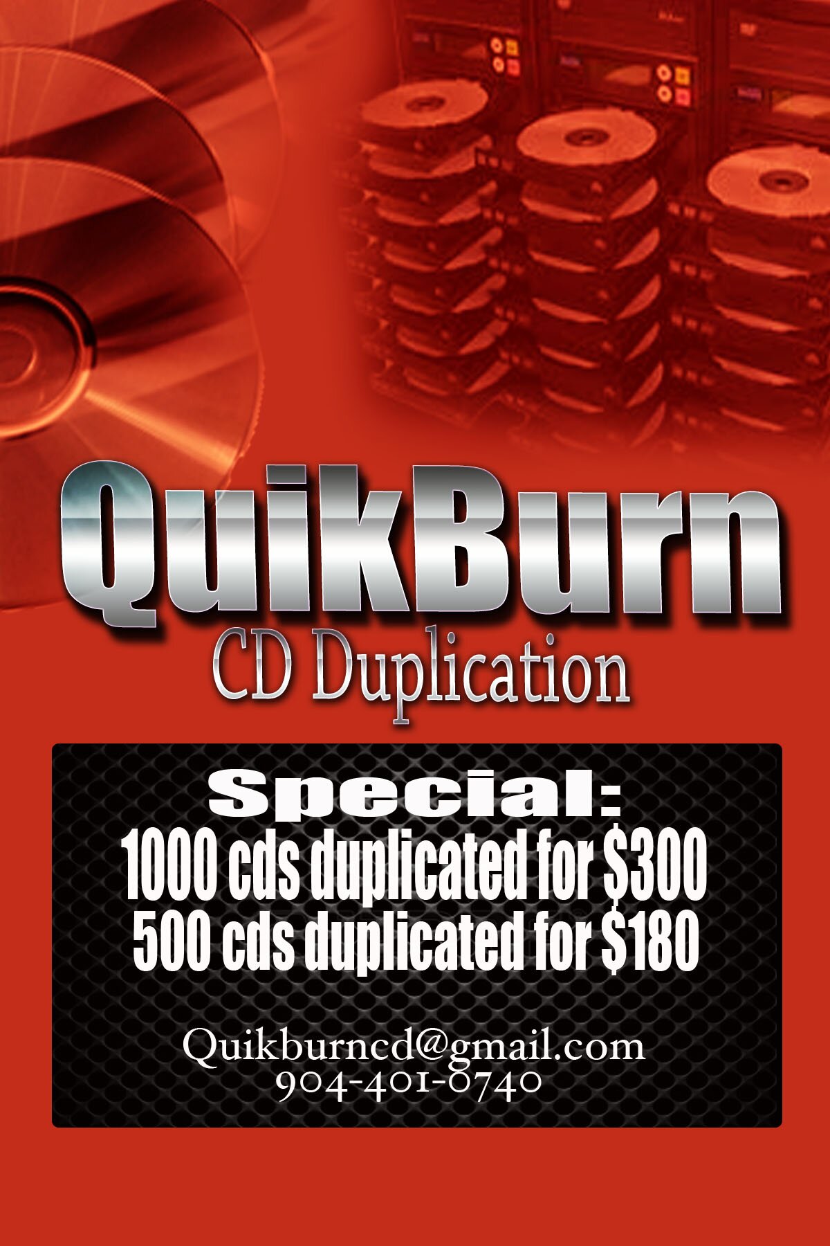 Let Quikburn Cd handle all of your cd duplication needs and services. We offer 1000 cds for $300 and 500 cds for $180. Email quikburncd@gmail.com.