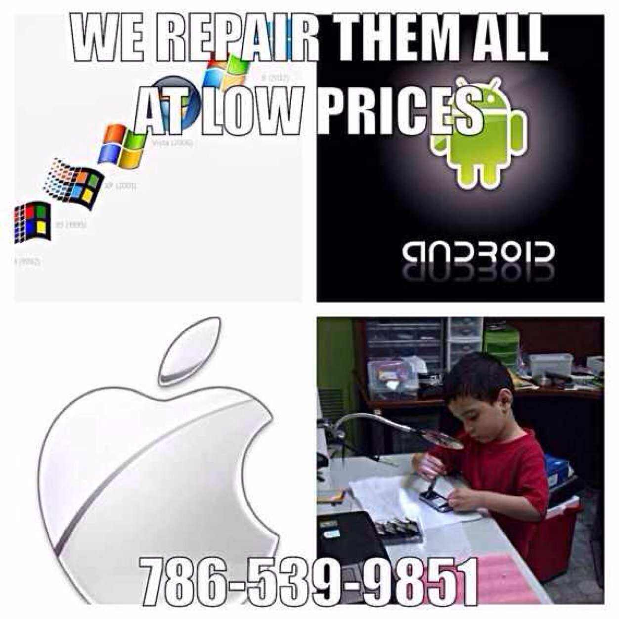 We are a company with over 8 year's of experience, trust, & reliability on computers and cellphones we meet your needs for more info contact us @ 786-539-9851