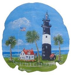 Beautiful hand-painted lighthouses, note cards, ornaments and bookmarks by B. Romero.