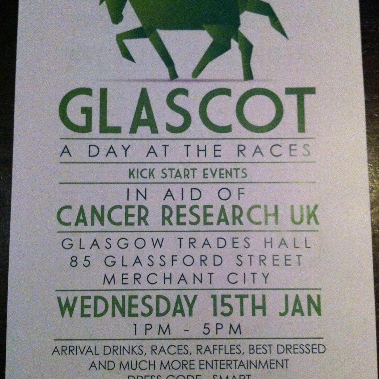 GLASCOT - afternoon of champagne, live horse races, entertainment in aid of Cancer Research UK. Tickets available at £10 from venue.