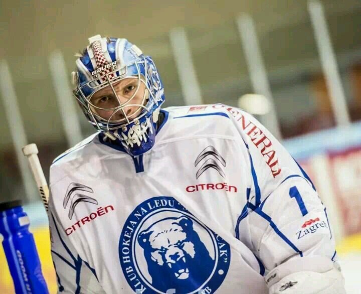Trying to stop that little black thing,goalie for KHL Medvescak Zagreb