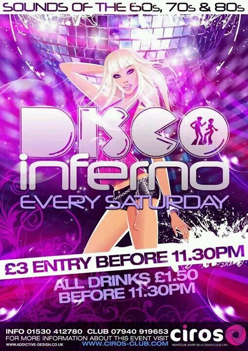 DiscoInferno79's profile picture. The official twitter page of Ciros Nightclub's 70's & 80's night, Disco Inferno
