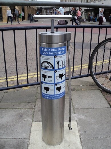 A public bicycle pump maintained by the Kingston Cycling Campaign for Kingston upon Thames. Located opposite John Lewis in Little Wood Street, Kingston, UK.