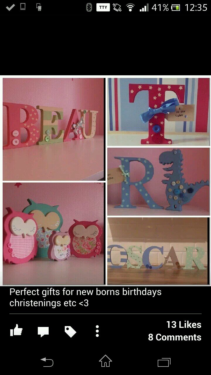 NormanVicky's profile picture. Handmade beautifully created wooden letters
Accessorized with ribbons buttons and a name tag £6.99 each!