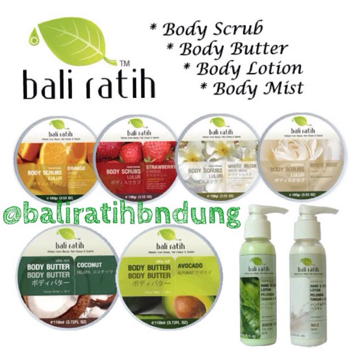 Available :
body scrubs, body mist, body butter & body lotion ( Bali Ratih )