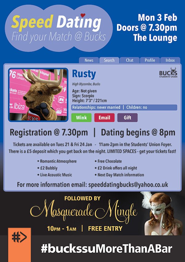 Speed dating- find your match at Bucks!! 

Like our page on Facebook for more details:
https://t.co/x88kwrUciv