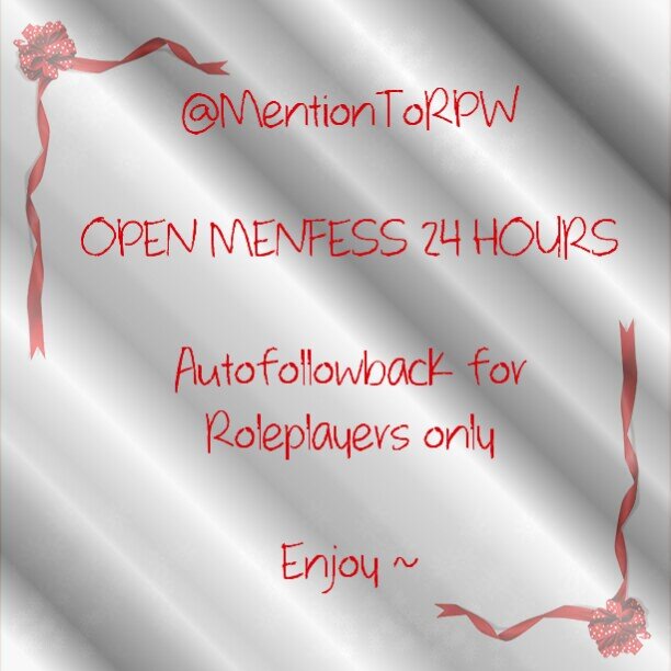 Autofollowback for Roleplayer only | Open menfess 24 hours with the format is #MentionTo | Promote account or fanbase? Mention us | Enjoy ~