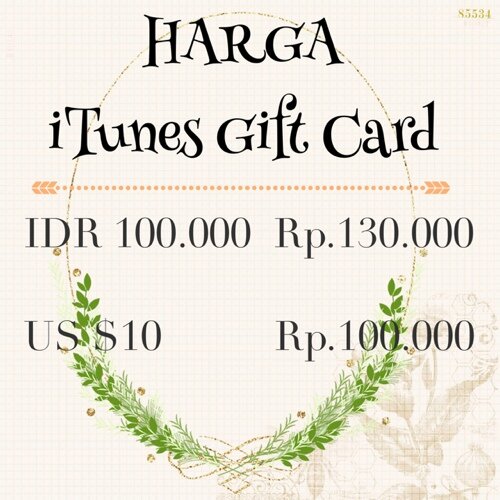 Ready iTunes Gift Card
IGC ID 100.000 harga Rp.135.000
IGC US $10 harga Rp.110.000