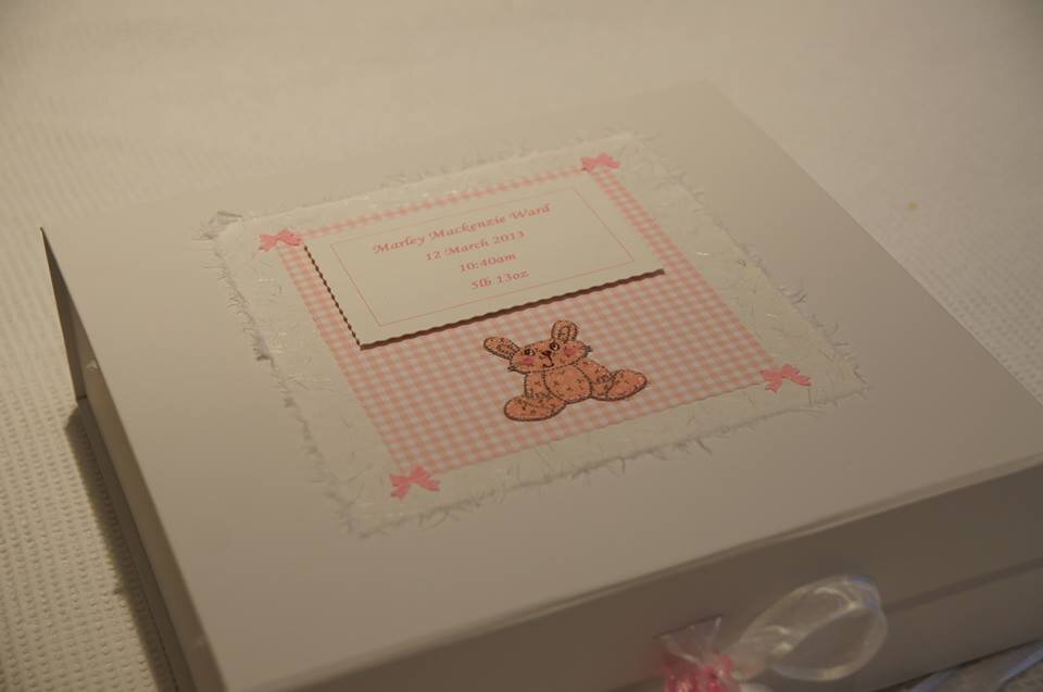 Adèle's handmade personalised keepsake boxes for newborns. 30x30cm boxes detailing name, weight, time and date-of-birth of the baby- bambinibox@gmail.com