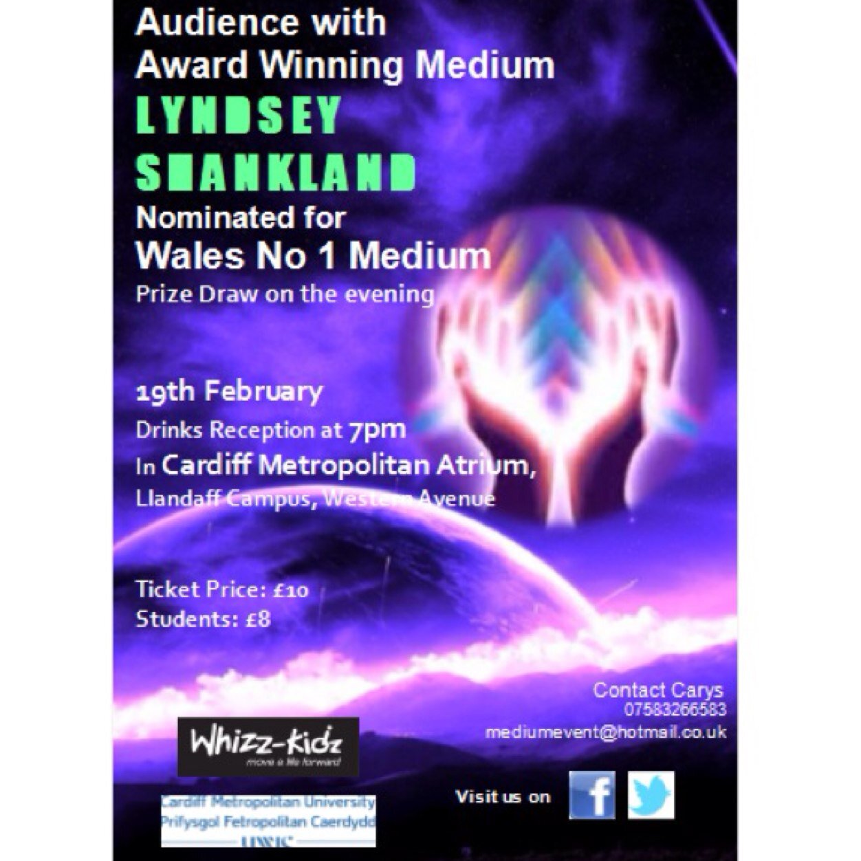 Cardiff Met is hosting an evening of intrigue with award winning medium, Lyndsey Shankland. 
All profits made will be donated to Whizz-Kidz charity